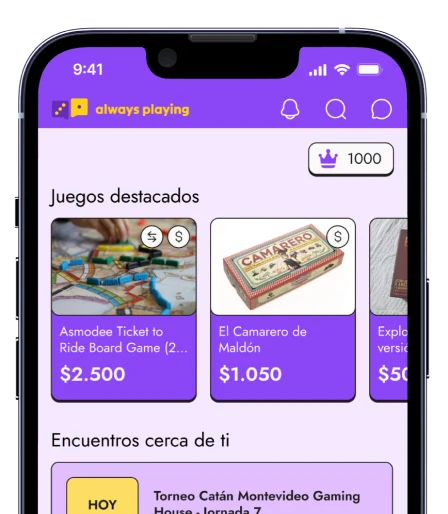 La pantalla de inicio de Always Playing en un teléfono: juegos destacados y encuentros cerca