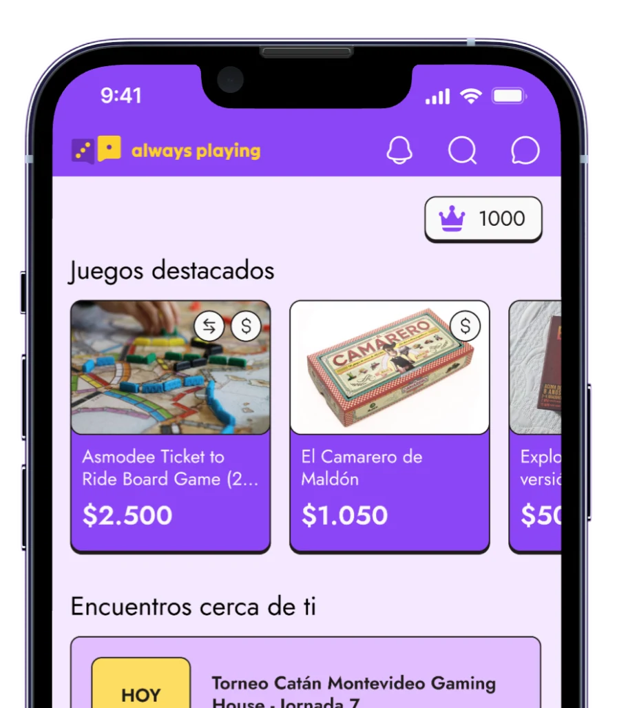 La pantalla de inicio de Always Playing en un teléfono: juegos destacados y encuentros cerca