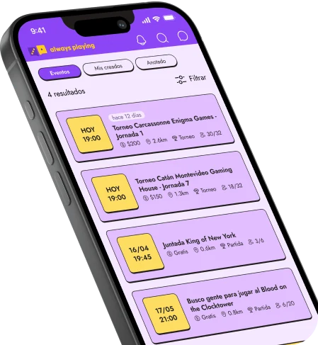 La lista de eventos y partidas de Always Playing